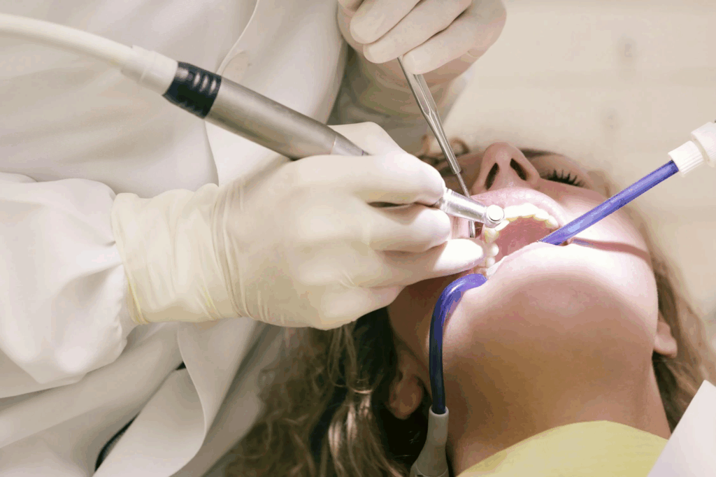a dental professional working on a patient